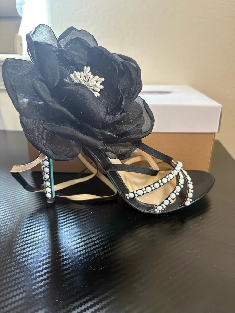 Betsey Johnson Black Floral Crystal-Strap Lace-Up Heels